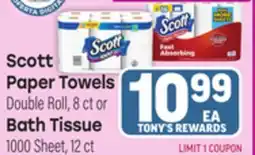 Tony’s Fresh Market Scott Paper Towels Double Roll, 8 ct or Bath Tissue 1000 Sheet, 12 ct offer