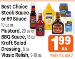 Tony’s Fresh Market Best Choice Steak Sauce or 59 Sauce, Mustard, BBQ Sauce, Kraft Salad Dressing o Vlasic Relish offer