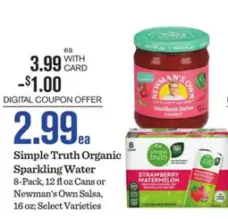 Mariano's Simple Truth Organic Sparkling Water, 8-Pack, 12 fl oz Cans or Newman's Own Salsa, 16 oz offer