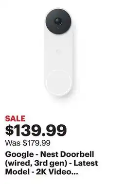 Best Buy Google - Nest Doorbell (wired, 3rd gen) - Latest Model - 2K Video and Gemini - Snow offer