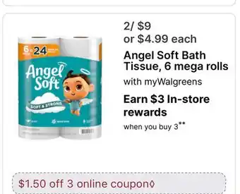 Walgreens Angel Soft Bath Tissue, 6 mega rolls offer