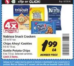 Safeway Nabisco Snack Crackers, Chips Ahoy! Cookies, Kettle Potato Chips offer