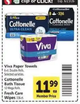 Safeway Viva Paper Towels, Cottonelle Bath Tissue, Fresh Care Wipes offer