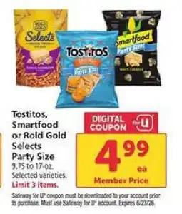Safeway Tostitos, Smartfood or Rold Gold Selects Party Size offer