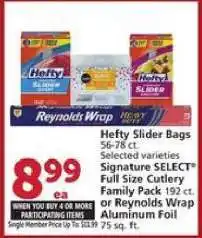 Albertsons Hefty Slider Bags / Signature SELECT Full Size Cutlery Family Pack / Reynolds Wrap Aluminum Foil offer