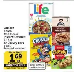 Albertsons Quaker Cereal, Instant Oatmeal, or Chewy Bars offer