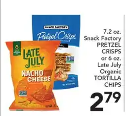 Pete's Fresh Market Snack Factory PRETZEL CRISPS or Late July Organic TORTILLA CHIPS offer