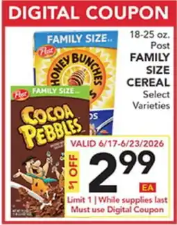 Pete's Fresh Market 18-25 OZ Post FAMILY SIZE CEREAL offer