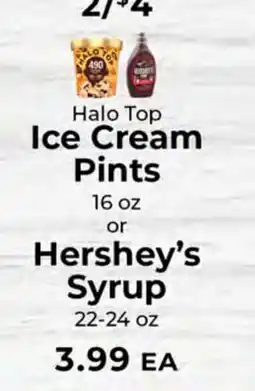 Sunset Foods Halo Top Ice Cream Pints 16 oz or Hershey's Syrup 22-24 oz offer