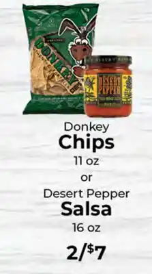 Sunset Foods Donkey Chips 11 oz or Desert Pepper Salsa 16 oz offer