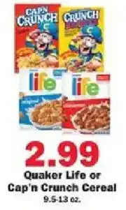 Schnucks Quaker Life or Cap'n Crunch Cereal offer