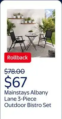 Walmart Mainstays Albany Lane 3-Piece Outdoor Bistro Set, Folding Chairs & Glass Table, Black offer