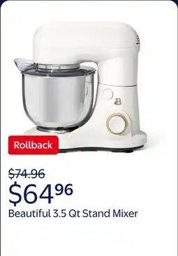 Walmart Beautiful 3.5 Qt Stand Mixer, White Icing with Flat Beater, Dough Hook, Balloon Whisk offer