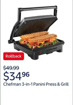 Walmart Chefman 3-in-1 Panini Press & Grill, 4-Slice Non-Stick, Opens Flat - Stainless Steel offer