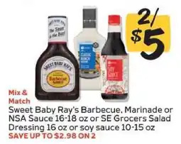 Winn Dixie Sweet Baby Ray's Barbecue, Marinade or NSA Sauce / SE Grocers Salad Dressing / Soy Sauce offer
