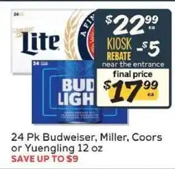 Winn Dixie 24 Pk Budweiser, Miller, Coors or Yuengling 12 oz offer