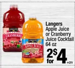 Super King Markets Langers Apple Juice or Cranberry Juice Cocktail offer