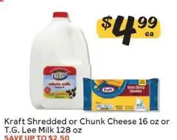 Winn Dixie Kraft Shredded or Chunk Cheese 16 oz or T.G. Lee Milk 128 oz offer