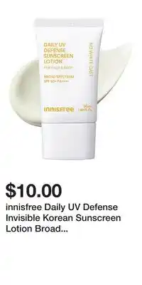 Kohl's innisfree Daily UV Defense Invisible Korean Sunscreen Lotion Broad Spectrum SPF 50+ PA++++ offer