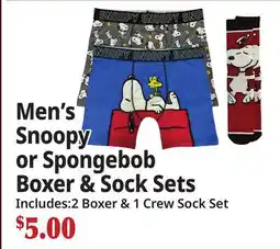 Ocean State Job Lot Men's Snoopy or Spongebob Boxer & Sock Sets offer