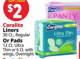 Ocean State Job Lot Coralite Liners 30 Ct., Regular Or Pads 12 Ct. Ultra Thin or 6 Ct. with wings, Overnight offer
