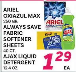 El Paso Grande ARIEL OXIAZUL MAX 250 GR. ALWAYS SAVE FABRIC SOFTENER SHEETS 40 CT. AJAX LIQUID DETERGENT 12.4 OZ offer