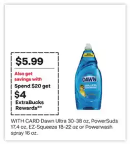 CVS Dawn Ultra 30-38 oz, PowerSuds 17.4 oz, EZ-Squeeze 18-22 oz or Powerwash spray 16 oz offer