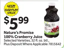 Stop&Shop Nature's Promise 100% Cranberry Juice offer