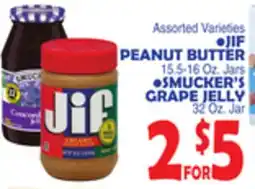 Bravo Supermarkets JIF PEANUT BUTTER, 15.5-16 Oz. Jars OR SMUCKER'S GRAPE JELLY 32 Oz Jar offer