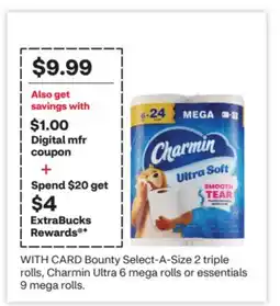 CVS Bounty Select-A-Size 2 triple rolls, Charmin Ultra 6 mega rolls or essentials 9 mega rolls offer