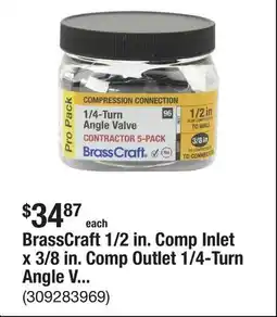 The Home Depot BrassCraft 1/2 in. Comp Inlet x 3/8 in. Comp Outlet 1/4-Turn Angle Valve (5-pack) offer