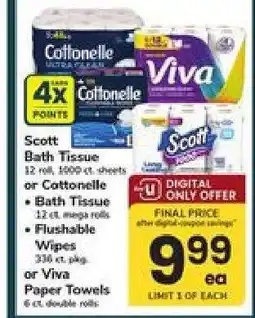 Safeway Scott Bath Tissue or Cottonelle Bath Tissue or Flushable Wipes or Viva Paper Towels offer