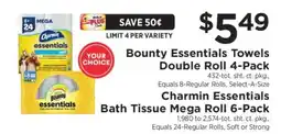 ShopRite Bounty Essentials Towels Double Roll 4-Pack / Charmin Essentials Bath Tissue Mega Roll 6-Pack offer