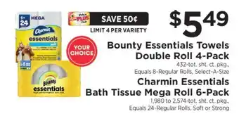 ShopRite Bounty Essentials Towels Double Roll 4-Pack / Charmin Essentials Bath Tissue Mega Roll 6-Pack offer