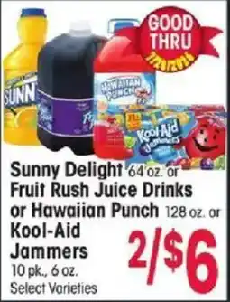 Jewel-Osco Sunny Delight or Fruit Rash Juice Drinks or Hawaiian Punch or Kool-Aid Jammers offer