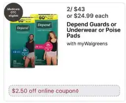Walgreens Depend Guards or Underwear or Poise Pads offer