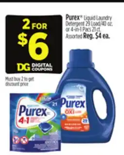 Dollar General Purex Liquid Laundry Detergent 29 Load/40 oz. or 4-in-1 Pacs 21 ct offer