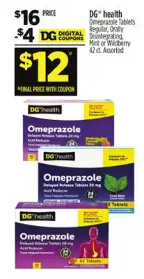Dollar General DG health Omeprazole Tablets Regular, Orally Disintegrating, Mint or Wildberry 42 ct offer