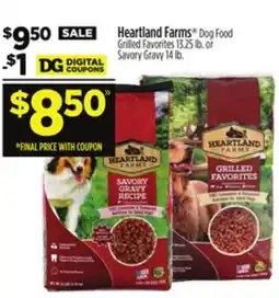 Dollar General Heartland Farms Dog Food Grilled Favorites 13.25 lb. or Savory Gravy 14 lb offer