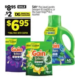 Dollar General Gain Plus Liquid Laundry Detergent 45 Load/60 oz. or Plus Super Flings! 18 ct offer