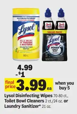 Meijer Lysol Disinfecting Wipes 70-80 ct., Toilet Bowl Cleaners 2 ct./24 oz. or Laundry Sanitizer* 21 oz offer