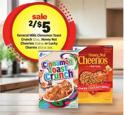 Meijer General Mills Cinnamon Toast Crunch 12 oz., Honey Nut Cheerios 10.8 oz. or Lucky Charms 10.5 oz. box offer