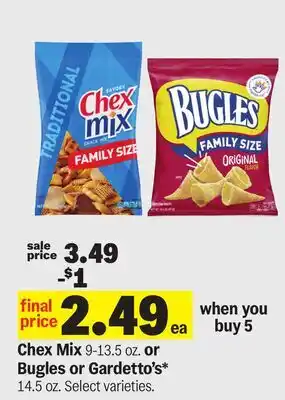 Meijer Chex Mix 9-13.5 oz. or Bugles or Gardetto's* 14.5 oz offer