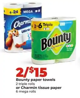 Hy-Vee Bounty paper towels 2 triple rolls or Charmin tissue paper 6 mega rolls offer