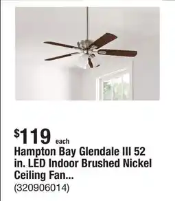 The Home Depot Hampton Bay Glendale III 52 in. LED Indoor Brushed Nickel Ceiling Fan with Light and Pull Chains offer