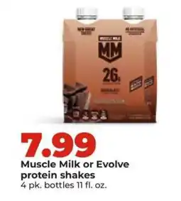Hy-Vee Muscle Milk or Evolve protein shakes offer