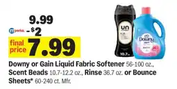 Meijer Downy or Gain Liquid Fabric Softener, Scent Beads, Rinse or Bounce Sheets offer