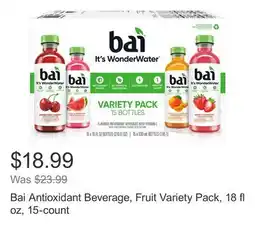 Costco Bai Antioxidant Beverage, Fruit Variety Pack, 18 fl oz, 15-count offer