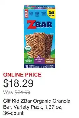 Costco Clif Kid ZBar Organic Granola Bar, Variety Pack, 1.27 oz, 36-count offer