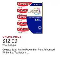 Costco Colgate Total Active Prevention Plus Advanced Whitening Toothpaste, 6.4 oz, 5-pack offer